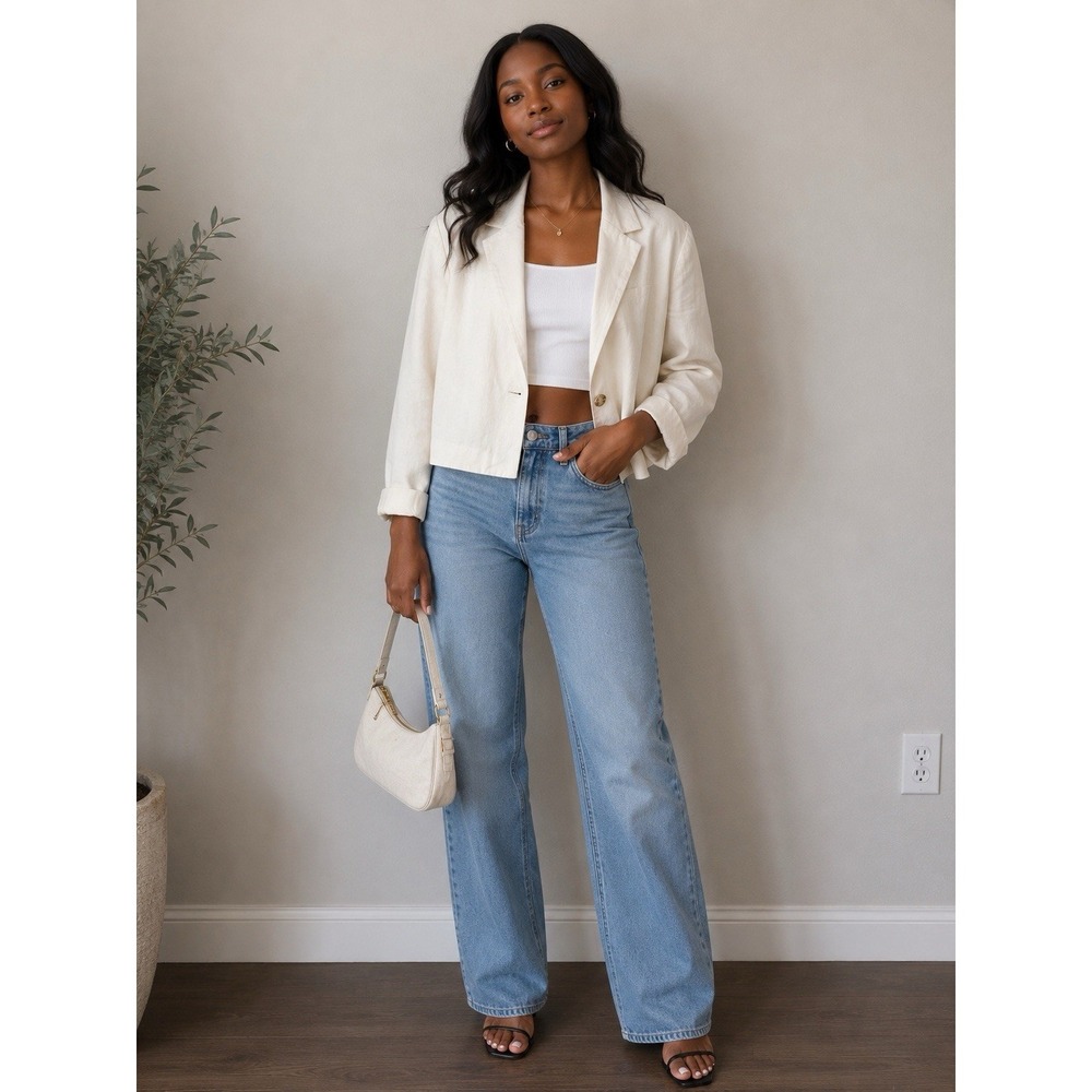 American Eagle Beige linen  Short Blazer Jacket Women's XL Long Sleeve